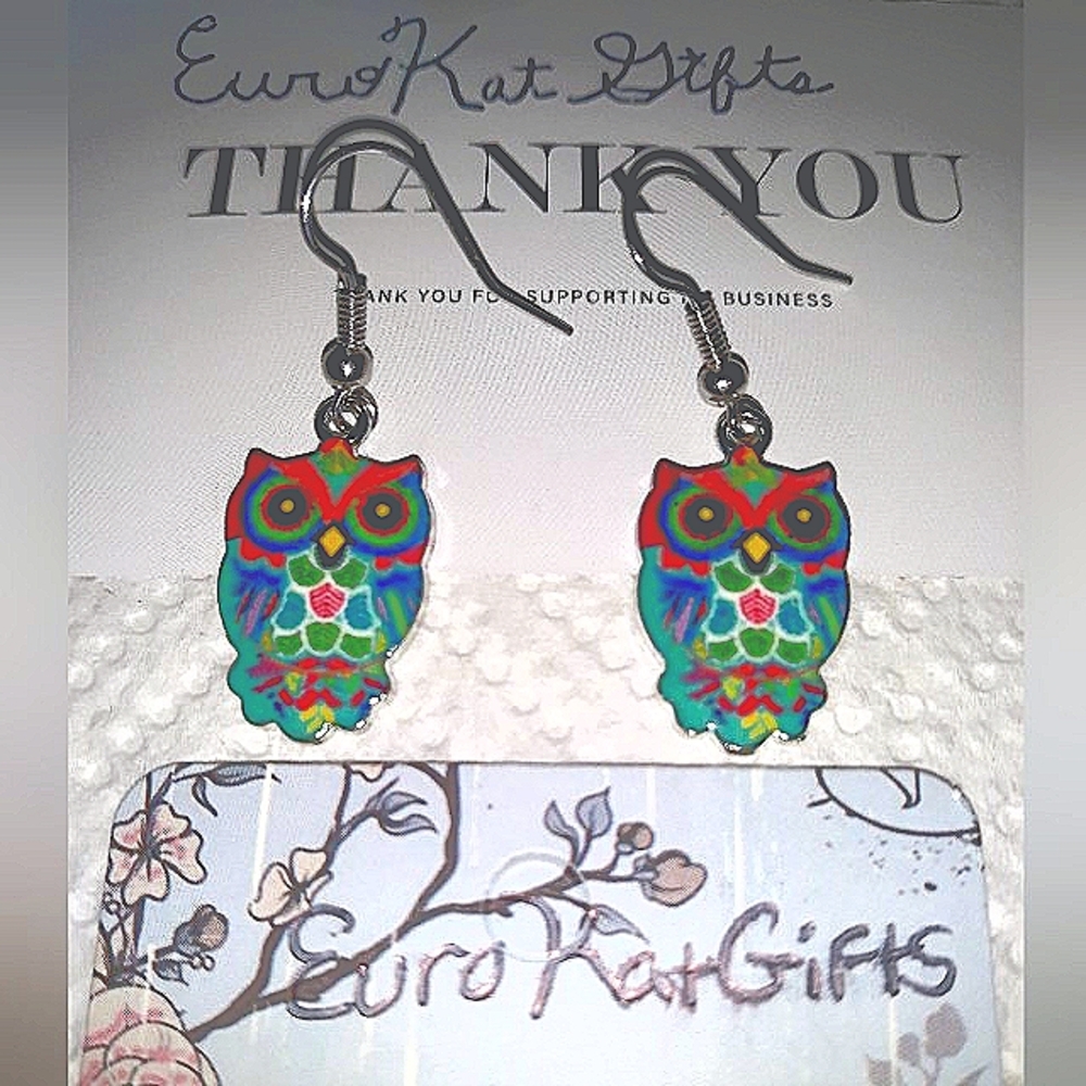 COLORFUL Owl Dangle Earrings Mystical Wise Hoot Bird lover animal Jewelry NWT